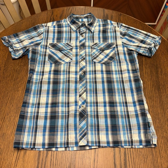 Kuhl Blue Plaid Button Down Suncel Shirt Mens Medium Short Sleeves Cotton Blend - Picture 1 of 8